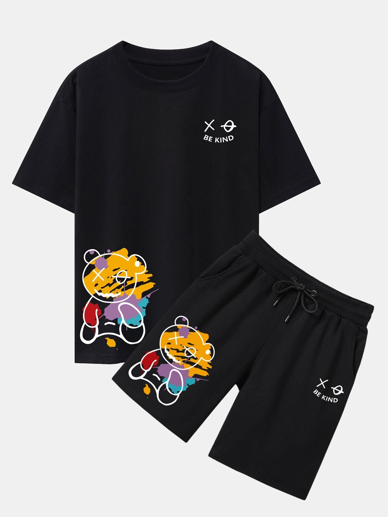 Graffiti Bear Print Drop Shoulder Oversize T-Shirt & Graffiti Bear Print Man Mid Length Shorts