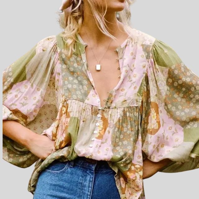 Patchwork boho blouse with button