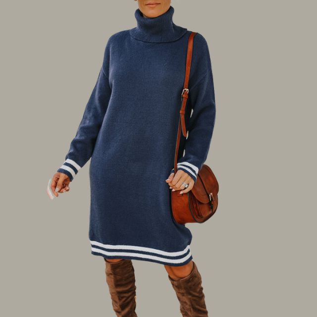 Cosy turtleneck jumper dress with contrasting stripes