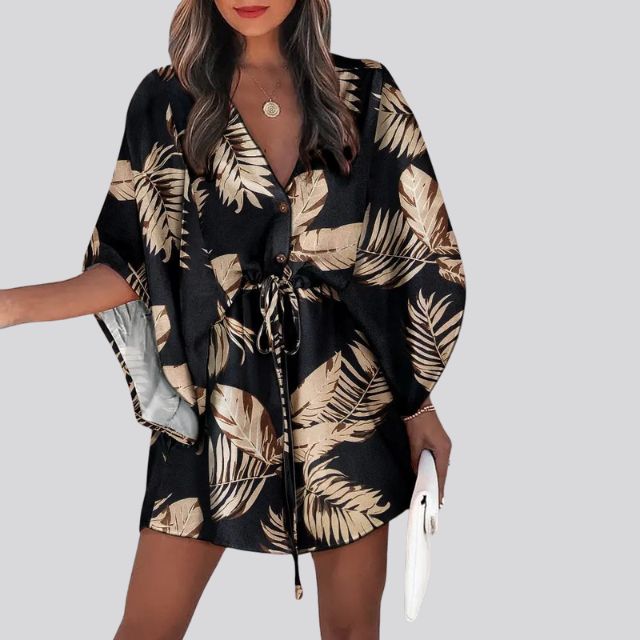 Boho Shirt Dress With V-Neck and Floral Print