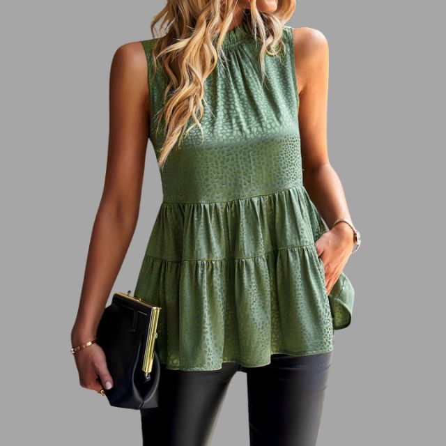 Sleeveless peplum top with stand-up collar