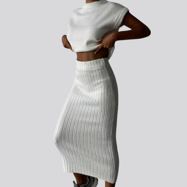 Sleeveless knit top and matching ribbed midi skirt set