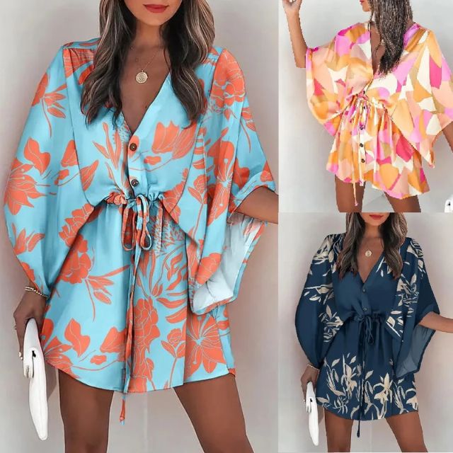 Boho Shirt Dress With V-Neck and Floral Print