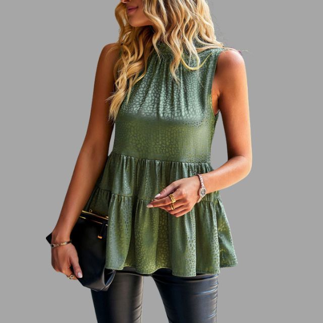 Sleeveless peplum top with stand-up collar