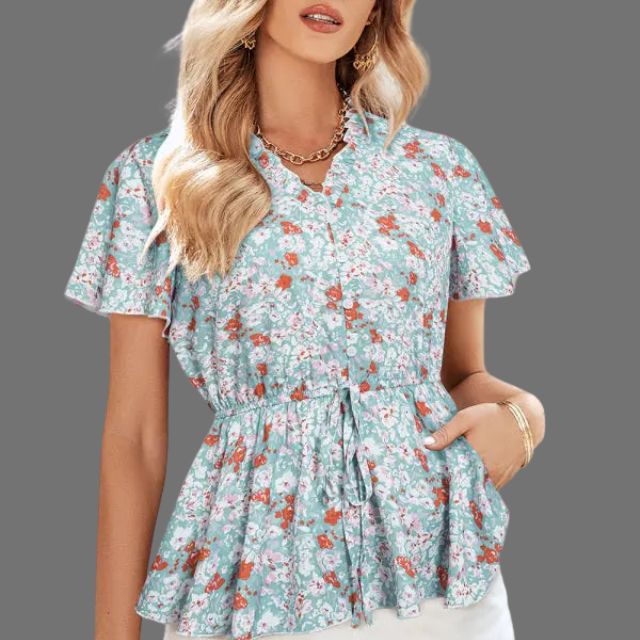 Floral peplum blouse with V-neckline