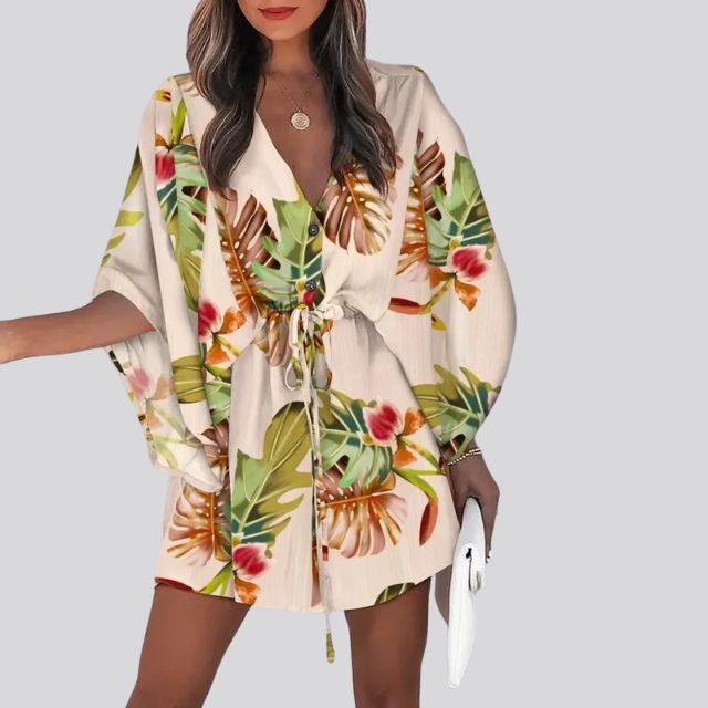 Boho Shirt Dress With V-Neck and Floral Print