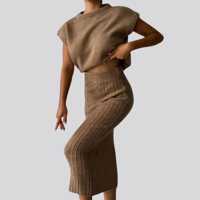 Sleeveless knit top and matching ribbed midi skirt set