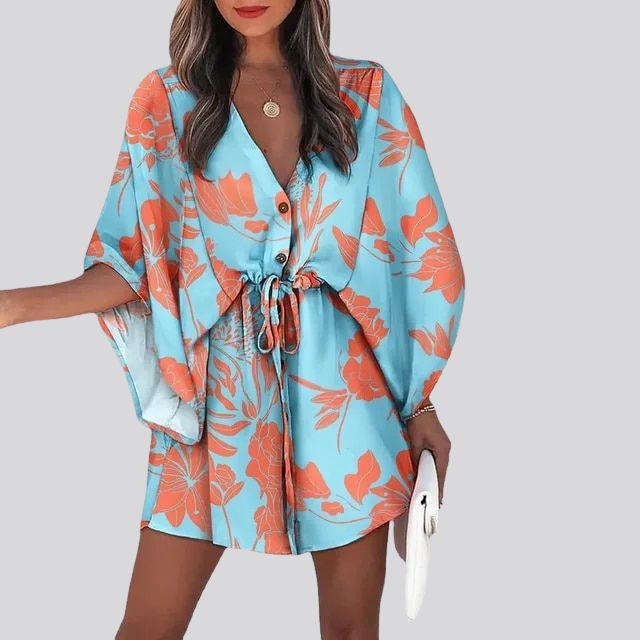 Boho Shirt Dress With V-Neck and Floral Print