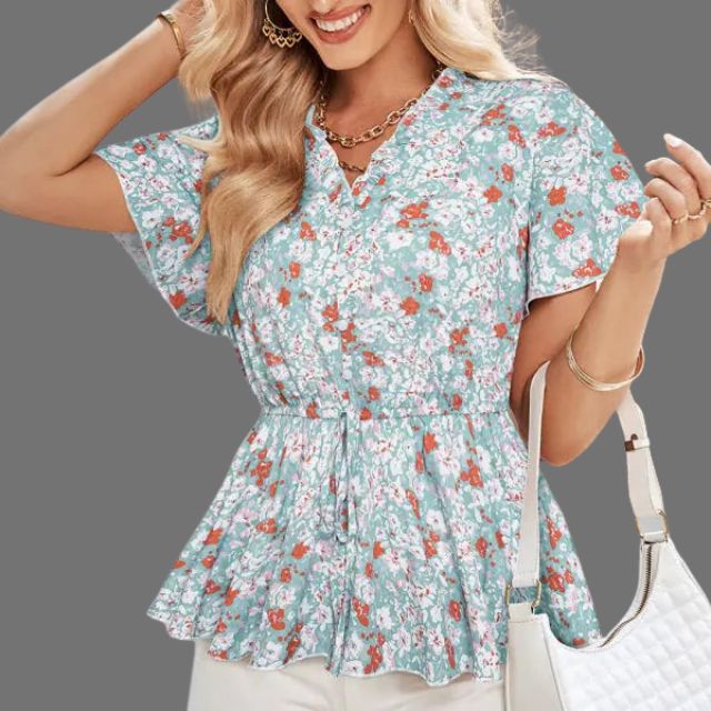 Floral peplum blouse with V-neckline