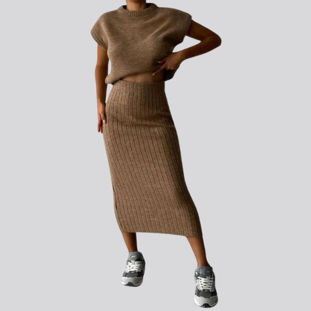 Sleeveless Knitted Top and Matching Ribbed Midi Skirt Set