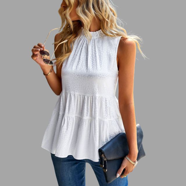 Sleeveless peplum top with stand-up collar