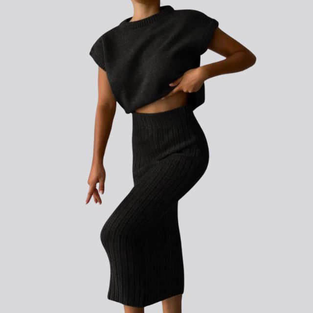 Sleeveless knit top and matching ribbed midi skirt set