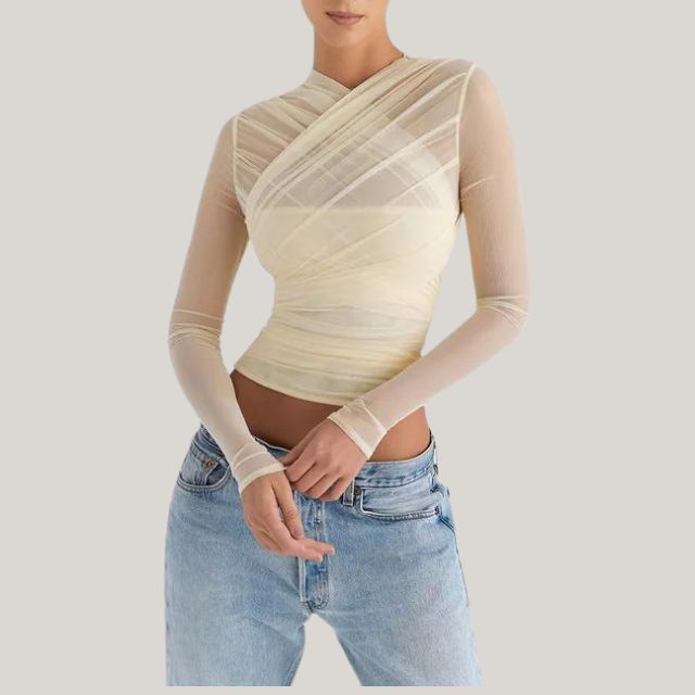 Sheer Mesh Top With Long Sleeves and Layered Wrap Design