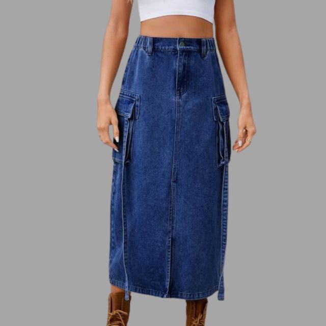 High-waisted denim skirt with slit