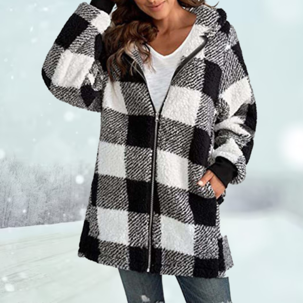 Women's Hooded Checked Jacket - Cozy & Stylish Winter Outerwear - Warm Essential for Cold Seasons