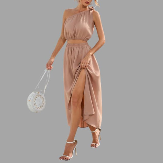 One-shoulder satin outfit set with cinched waist