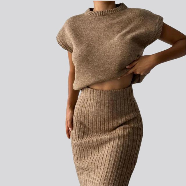 Sleeveless knit top and matching ribbed midi skirt set