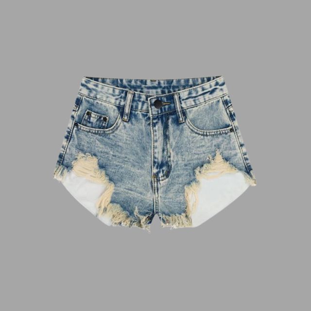 Distressed denim shorts with fringe detailing