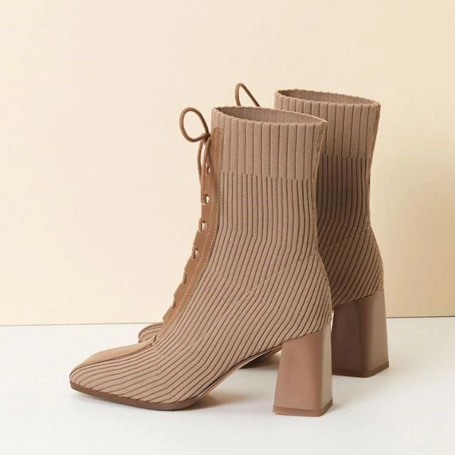 Ribbed knit ankle boots with lace-up detail