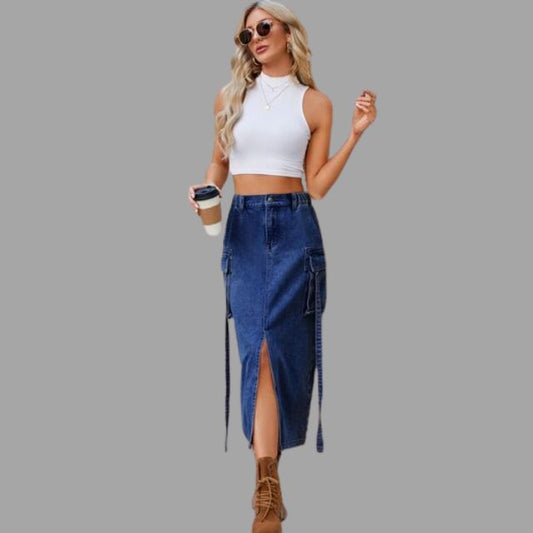 High-waisted denim skirt with slit