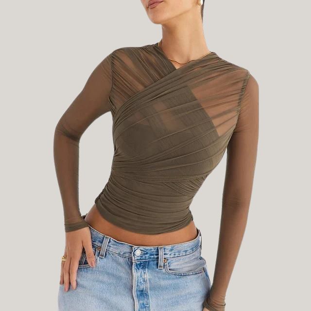 Sheer Mesh Top With Long Sleeves and Layered Wrap Design