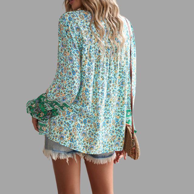 Bohemian paisley pattern tunic with lacing at the neckline