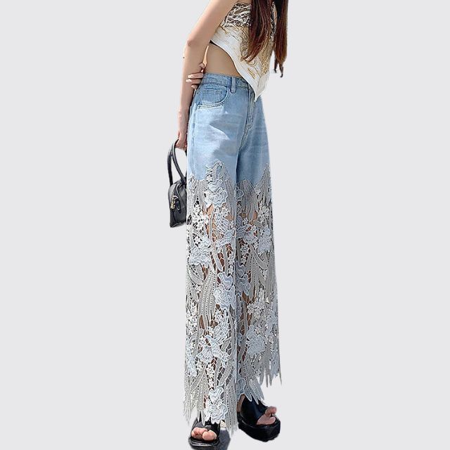 High-waisted denim trousers with lace details