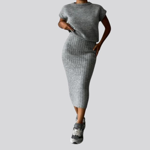 Sleeveless Knitted Top and Matching Ribbed Midi Skirt Set