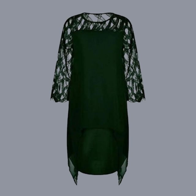 Asymmetric evening dress with lattice sleeve detail