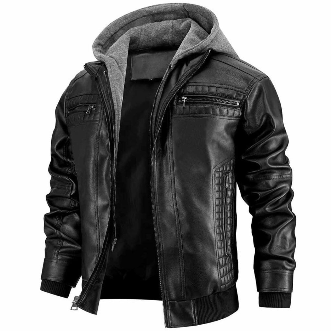 Hooded leather jacket with zipper