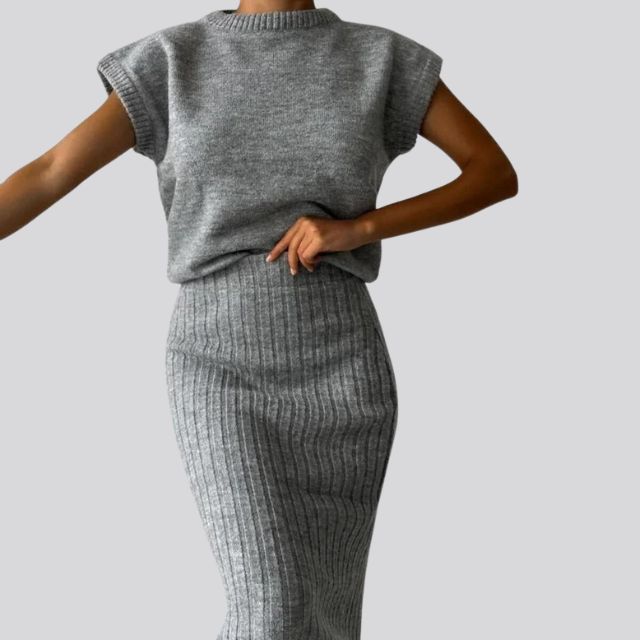 Sleeveless knit top and matching ribbed midi skirt set