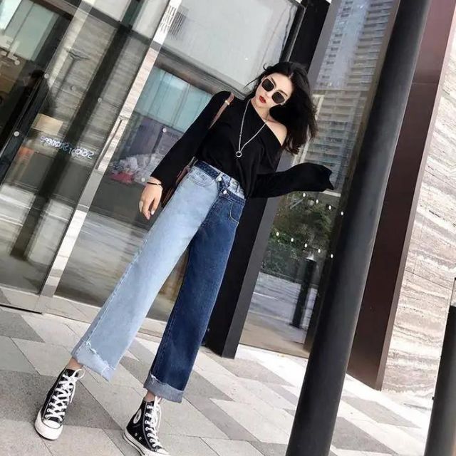 High-waisted straight jeans with contrast splice