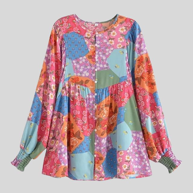 Patchwork boho blouse with button