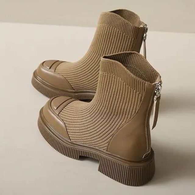 Ribbed knit platform ankle boots with zip detail