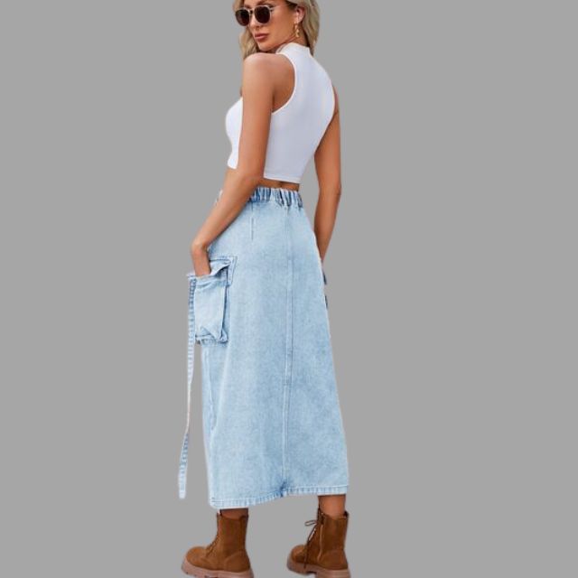 High-waisted denim skirt with slit