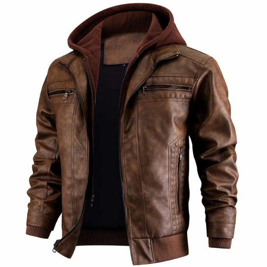 Hooded leather jacket with zipper