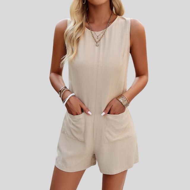 Sleeveless monochrome jumpsuit shorts with pockets