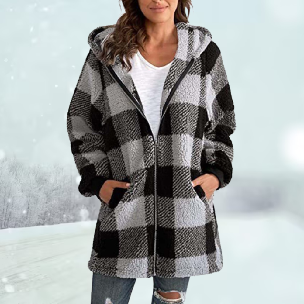 Women's Hooded Checked Jacket - Cozy & Stylish Winter Outerwear - Warm Essential for Cold Seasons