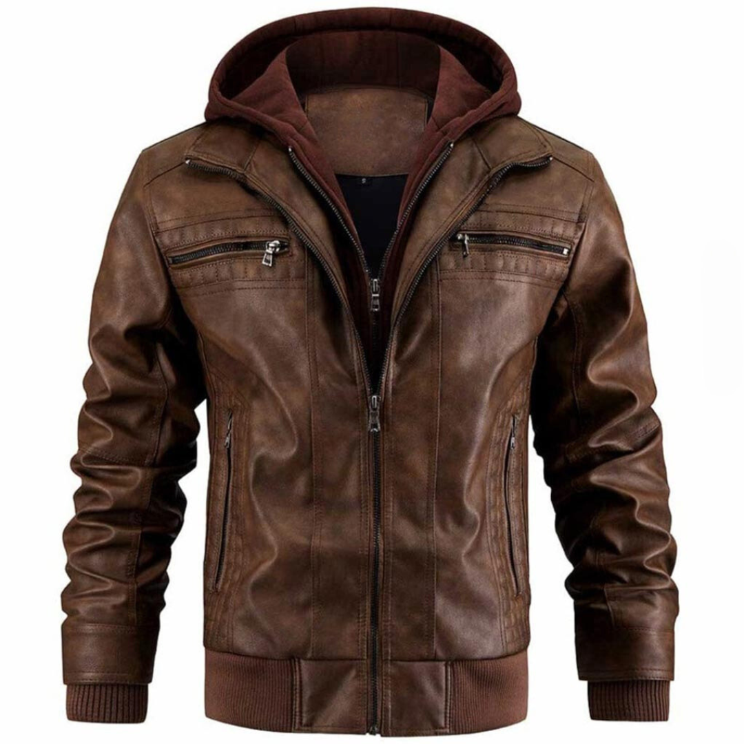 Hooded leather jacket with zipper