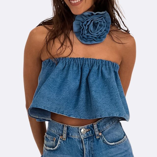 Denim bandeau top with floral choker