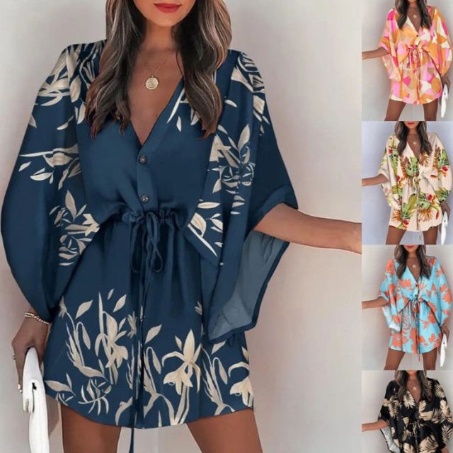 Boho Shirt Dress With V-Neck and Floral Print