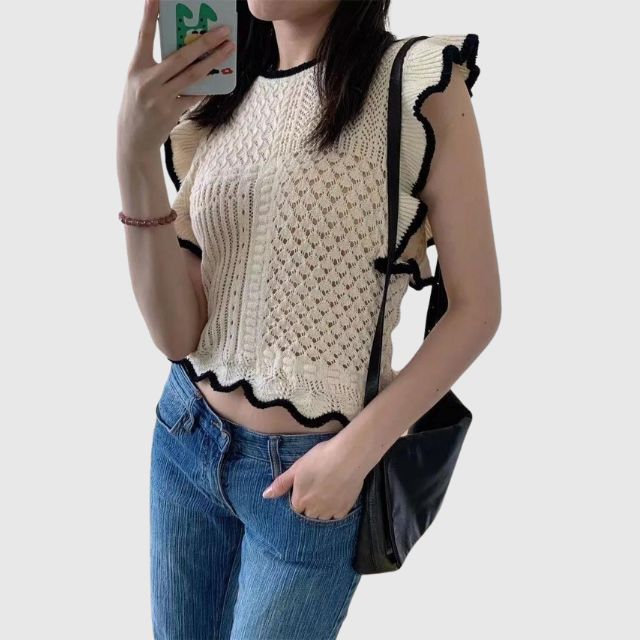 Crocheted knitted top with contrasting trim