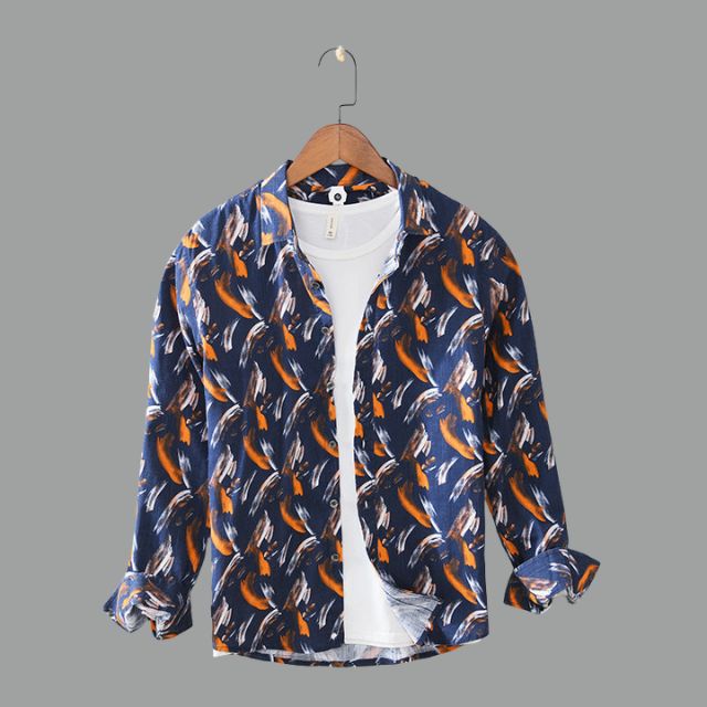 Shirt with turn-down collar and striking feather print