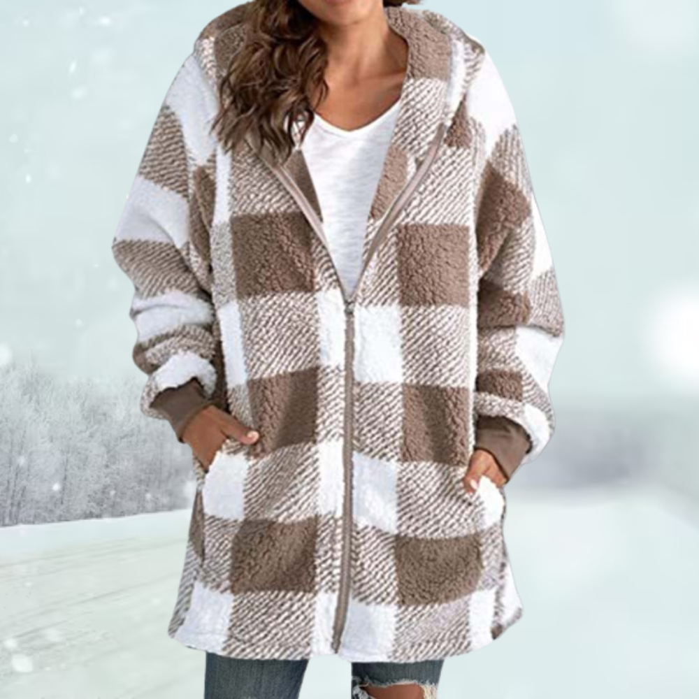 Women's Hooded Checked Jacket - Cozy & Stylish Winter Outerwear - Warm Essential for Cold Seasons