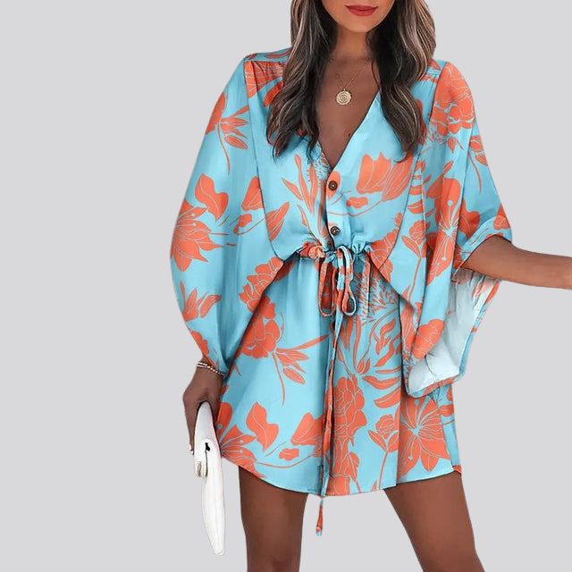 Boho Shirt Dress With V-Neck and Floral Print