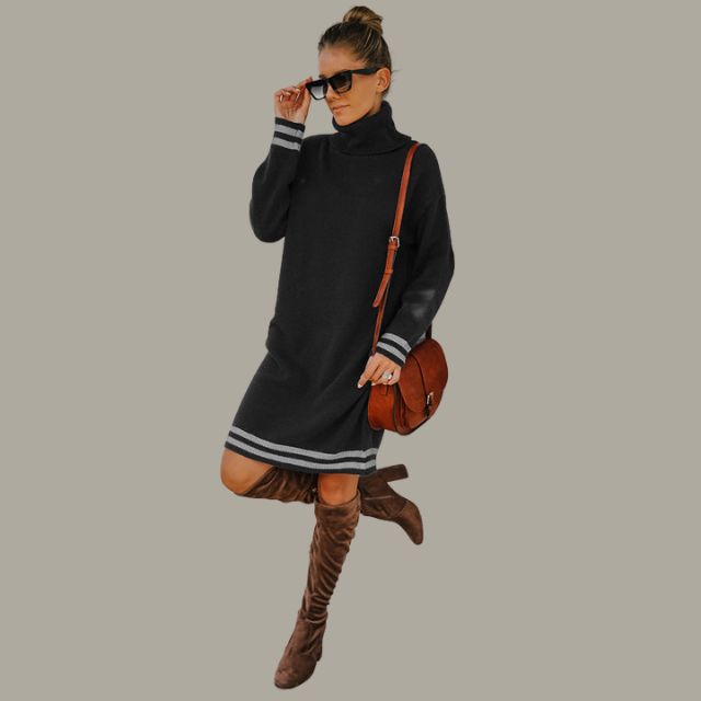 Cosy turtleneck jumper dress with contrasting stripes