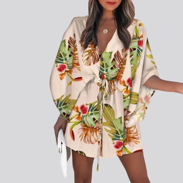 Boho Shirt Dress With V-Neck and Floral Print