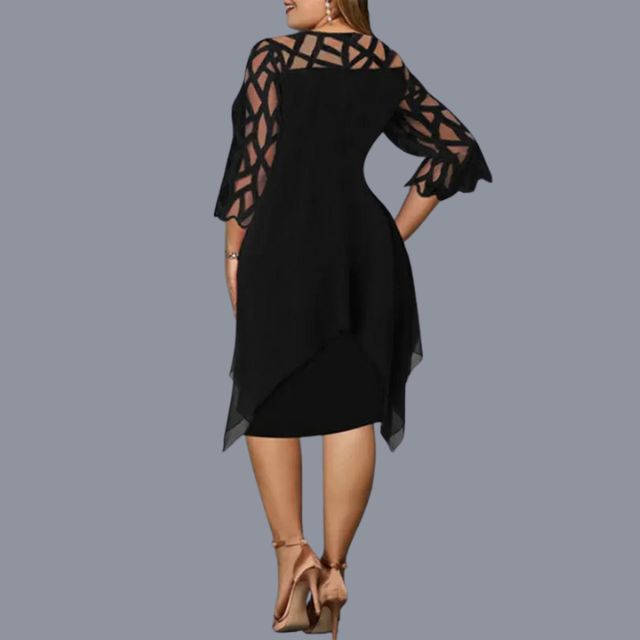 Asymmetric evening dress with lattice sleeve detail