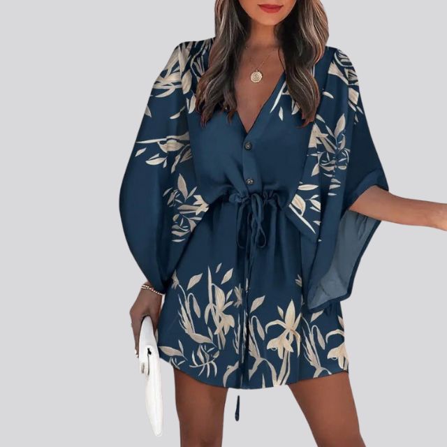 Boho Shirt Dress With V-Neck and Floral Print