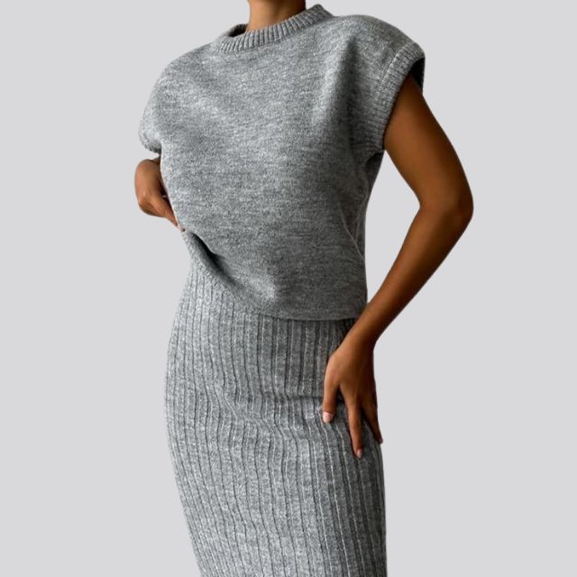 Sleeveless knit top and matching ribbed midi skirt set